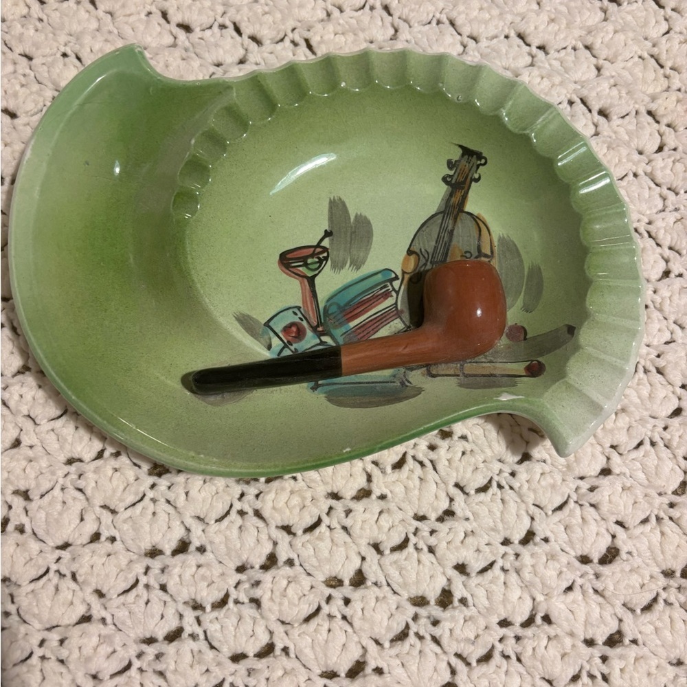 Vintage 1950’s CERAMIC PIPE Hand Painted Martini Glass Violin Tobacco ASHTRAY